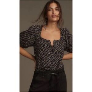 Anthropologie Pilcro Navy Printed Puff Sleeve Gauze Cotton‎ Top - XSmall